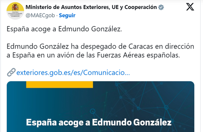 Acabó el esperpento de golpe de Estado en Venezuela: El golpista Edmundo González abandonó el país tras solicitar asilo político a España