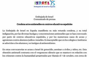 Injerencia insolente: La embajada de Israel en España amenaza a los estudiantes españoles por apoyar a Palestina