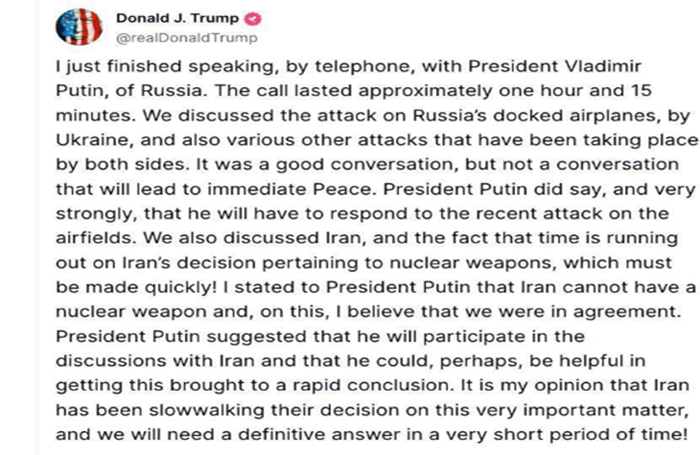 A la espera del zarpazo ruso… Trump habló con Putin. Aseguró que la conversación fue positiva, pero no conducirá a una 'paz inmediata'