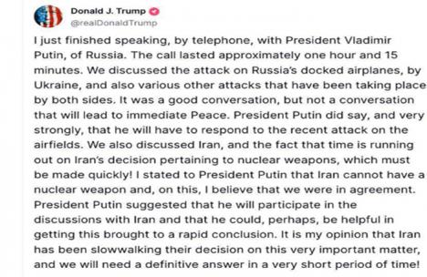 A la espera del zarpazo ruso… Trump habló con Putin. Aseguró que la conversación fue positiva, pero no conducirá a una 'paz inmediata'