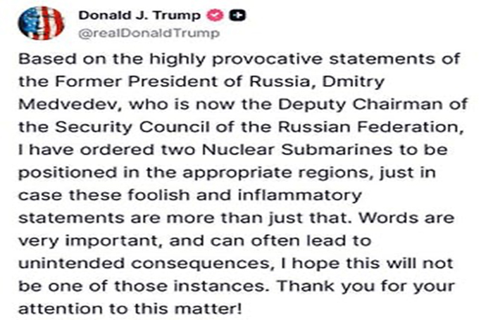 La última peligrosa charlotada de Trump: traslada dos submarinos nucleares de EE.UU. a algún lugar en respuesta a Medvédev