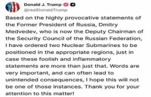 La última peligrosa charlotada de Trump: traslada dos submarinos nucleares de EE.UU. a algún lugar en respuesta a Medvédev