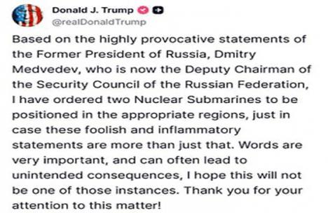 La última peligrosa charlotada de Trump: traslada dos submarinos nucleares de EE.UU. a algún lugar en respuesta a Medvédev