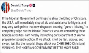 Trump ordena al Pentágono prepararse para una posible acción militar en Nigeria.