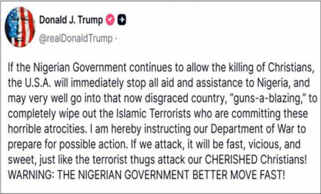 Trump ordena al Pentágono prepararse para una posible acción militar en Nigeria.