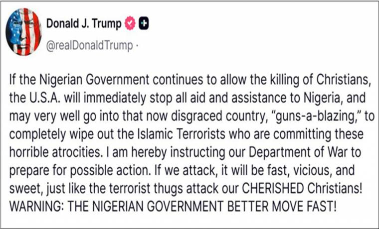 Trump ordena al Pentágono prepararse para una posible acción militar en Nigeria.